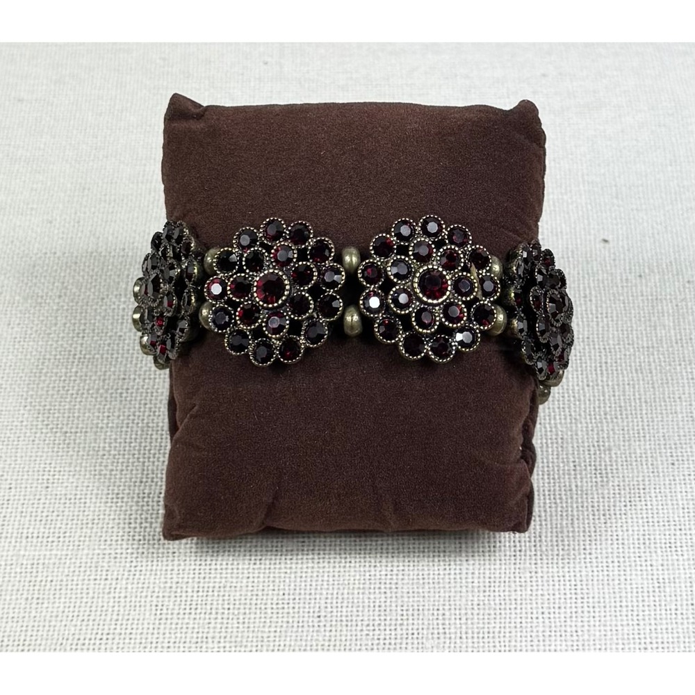 Genuine Crystal Bracelet Burgundy Red Floral Medallion Gothic Antique Brass
